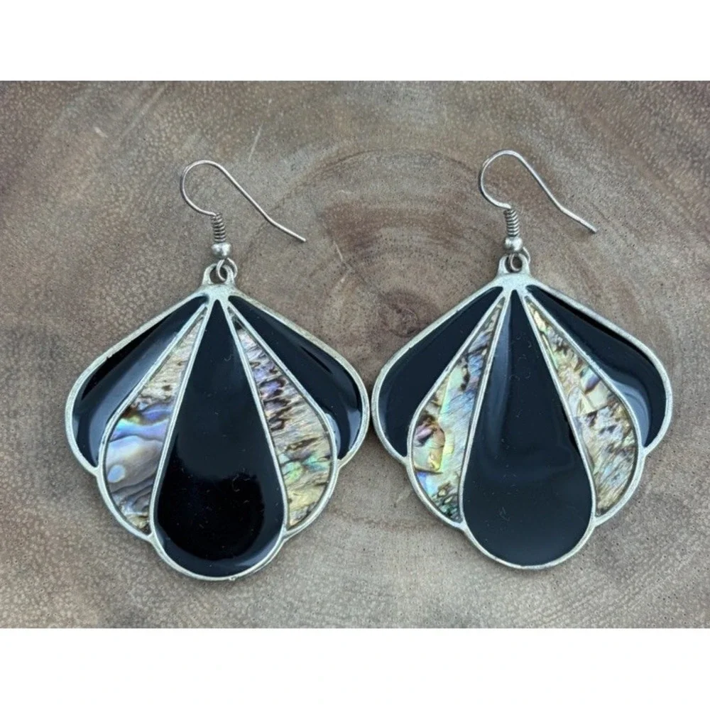 Vintage Black Enamel Inlay Abalone Silver Tone Dangle Fan Statement Earrings